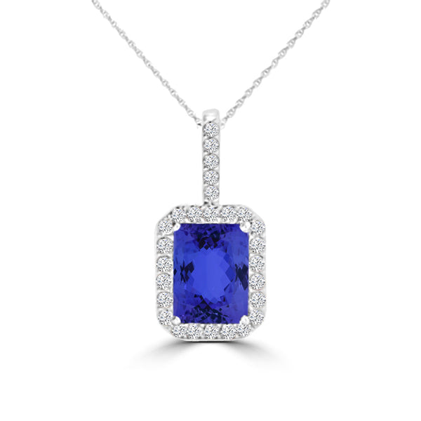 TMR121140 - Zoe - Emerald Cut Tanzanite and Diamond Pendant Halo