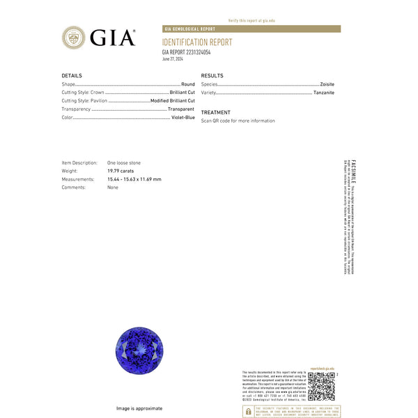 19.79ct Round GIA Certified AAAA Tanzanite Gemstone 15.44 x 15.63 x 11.69 mm