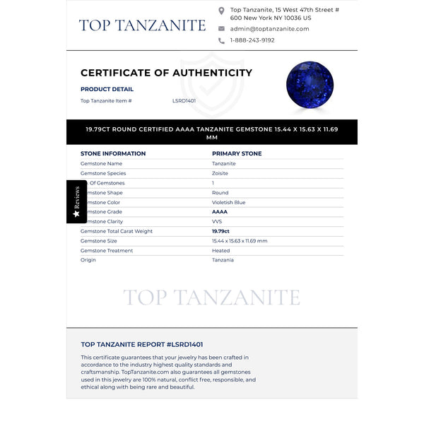 19.79ct Round GIA Certified AAAA Tanzanite Gemstone 15.44 x 15.63 x 11.69 mm