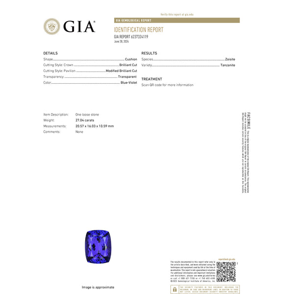 27.04ct Cushion GIA Certified AAAA Tanzanite Gemstone 20.57 x 16.03 x 10.59 mm