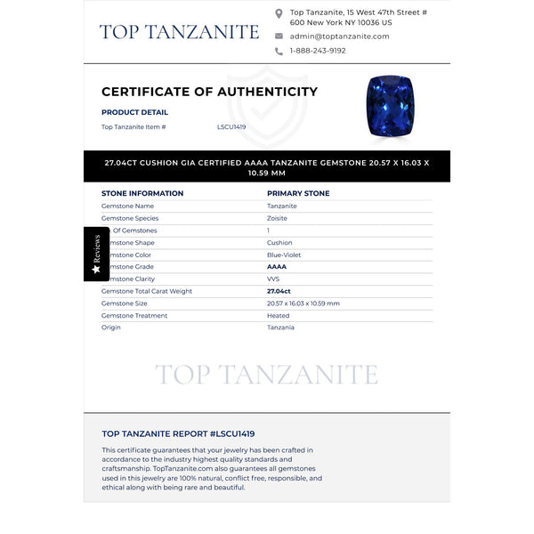 27.04ct Cushion GIA Certified AAAA Tanzanite Gemstone 20.57 x 16.03 x 10.59 mm