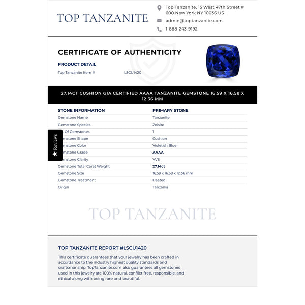 27.14ct Cushion GIA Certified AAAA Tanzanite Gemstone 16.59 x 16.58 x 12.36 mm