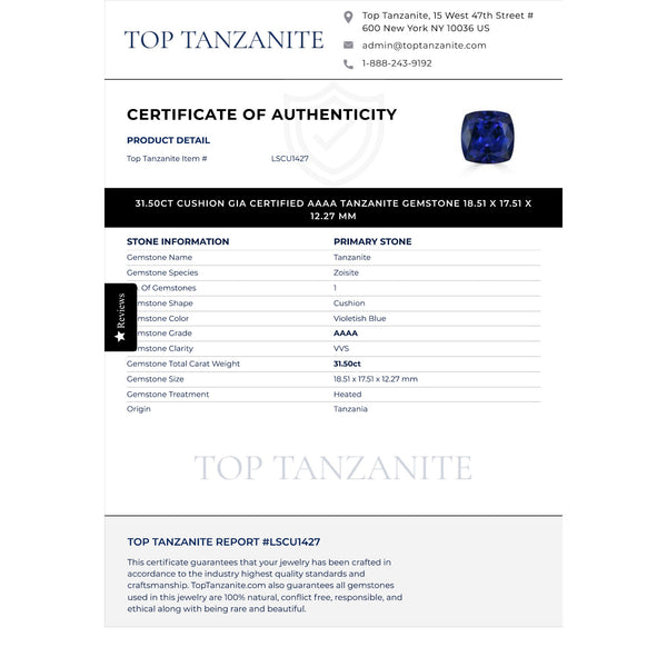 31.50ct Cushion GIA Certified AAAA Tanzanite Gemstone 18.51 x 17.51 x 12.27 mm