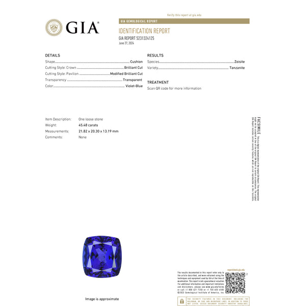 45.48ct Cushion GIA Certified AAAA Tanzanite Gemstone 21.82 x 20.30 x 13.19 mm