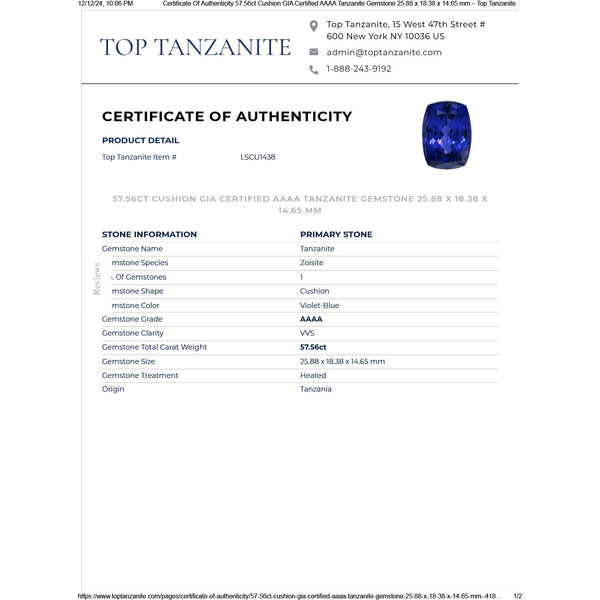 57.56ct Cushion GIA Certified AAAA Tanzanite Gemstone 25.88 x 18.38 x 14.65 mm