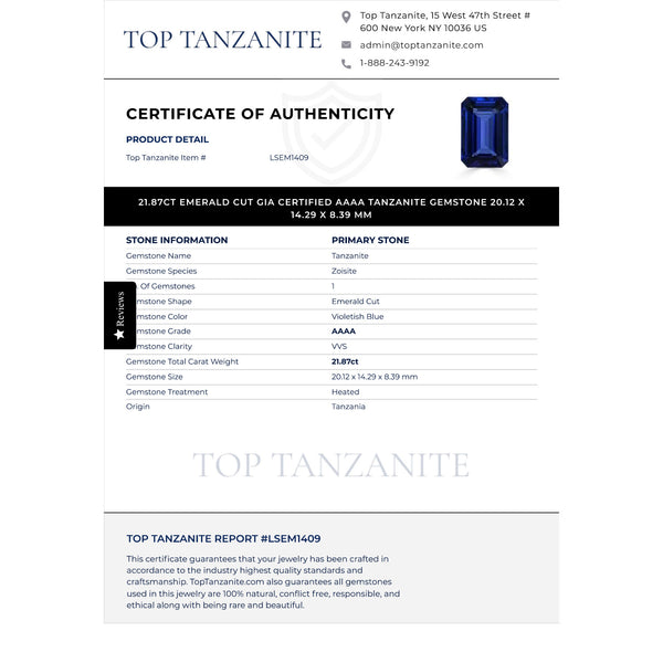 21.87ct Emerald Cut GIA Certified AAAA Tanzanite Gemstone 20.12 x 14.29 x 8.39 mm