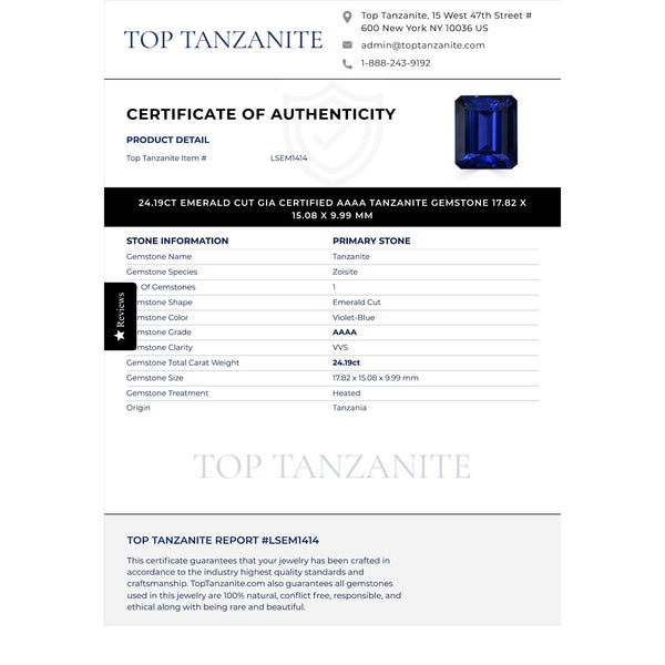 24.19ct Emerald Cut GIA Certified AAAA Tanzanite Gemstone 17.82 x 15.08 x 9.99 mm