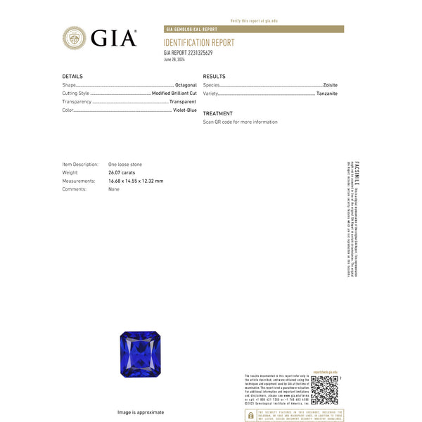 26.07ct Emerald Cut GIA Certified AAAA Tanzanite Gemstone 16.68 x 14.55 x 12.32 mm