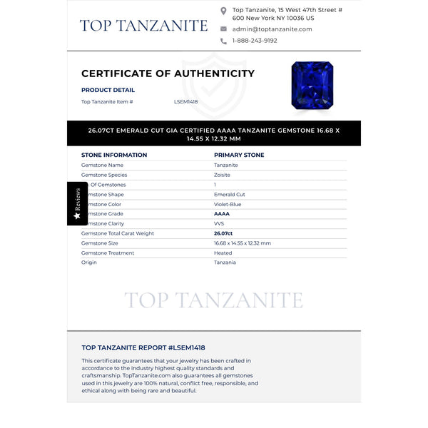 26.07ct Emerald Cut GIA Certified AAAA Tanzanite Gemstone 16.68 x 14.55 x 12.32 mm