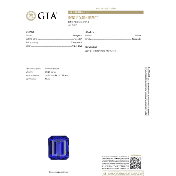 38.24ct Emerald Cut GIA Certified AAAA Tanzanite Gemstone 18.51 x 15.86 x 13.42 mm