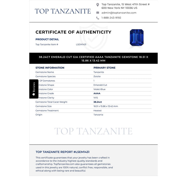 38.24ct Emerald Cut GIA Certified AAAA Tanzanite Gemstone 18.51 x 15.86 x 13.42 mm