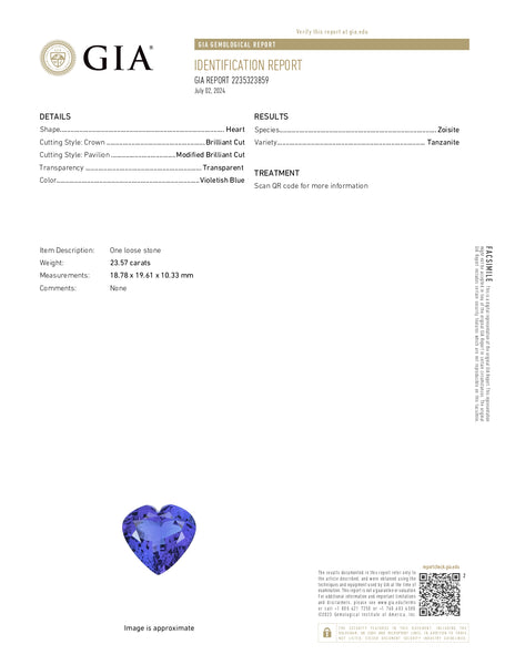 23.57ct Heart GIA Certified AAAA Tanzanite Gemstone 18.78 x 19.61 x 10.33 mm