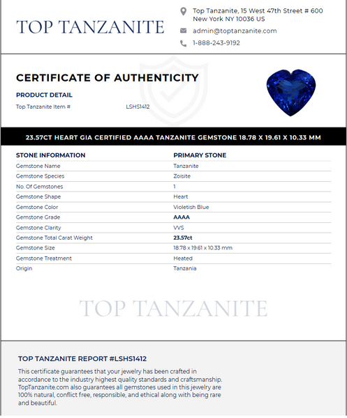 23.57ct Heart GIA Certified AAAA Tanzanite Gemstone 18.78 x 19.61 x 10.33 mm