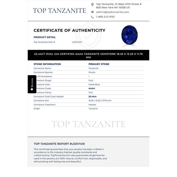 22.44ct Oval GIA Certified AAAA Tanzanite Gemstone 18.25 x 15.29 x 11.76 mm