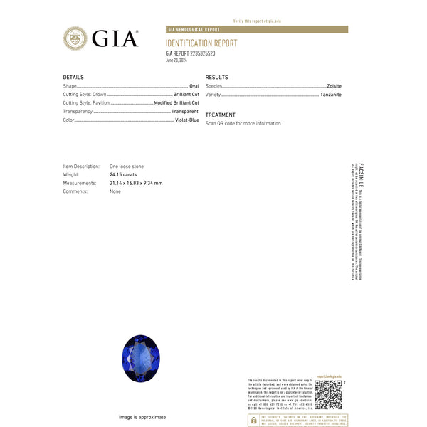 24.15ct Oval GIA Certified AAAA Tanzanite Gemstone 21.14 x 16.83 x 9.34 mm