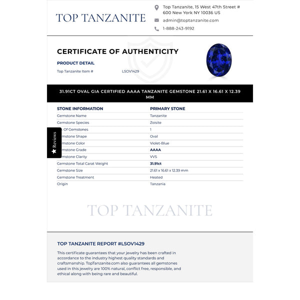 31.91ct Oval GIA Certified AAAA Tanzanite Gemstone 21.61 x 16.61 x 12.39 mm