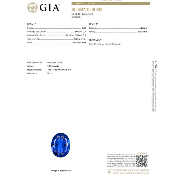 78.32ct Oval GIA Certified AAAA Tanzanite Gemstone 30.96 x 23.99 x 14.71 mm