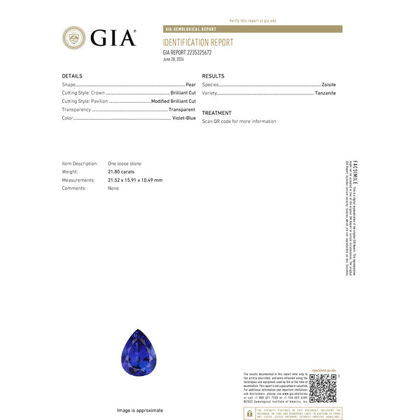 21.80ct Pear GIA Certified AAAA Tanzanite Gemstone 21.52 x 15.91 x 10.49 mm