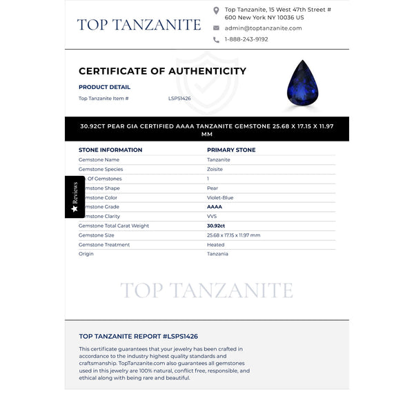 30.92ct Pear GIA Certified AAAA Tanzanite Gemstone 25.68 x 17.15 x 11.97 mm