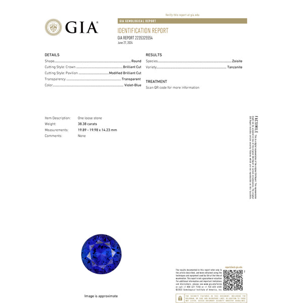 38.38ct Round GIA Certified AAAA Tanzanite Gemstone 19.89 x 19.98 x 14.23 mm