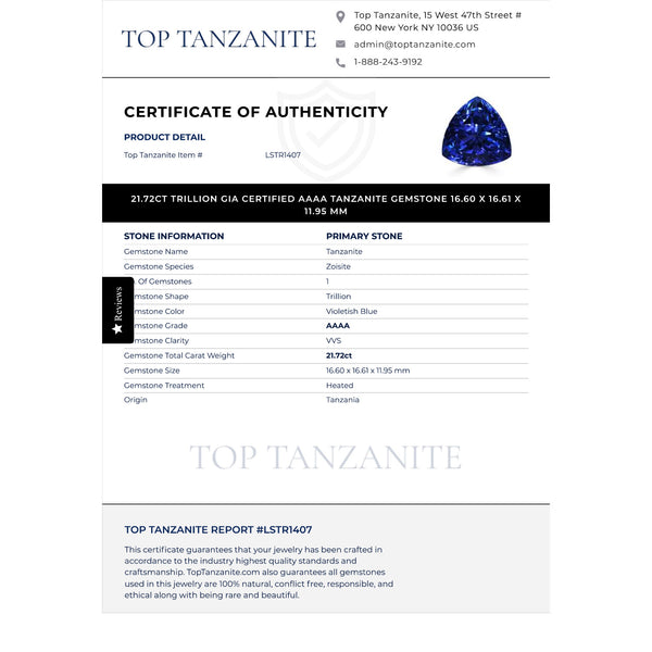 21.72ct Trillion GIA Certified AAAA Tanzanite Gemstone 16.60 x 16.61 x 11.95 mm