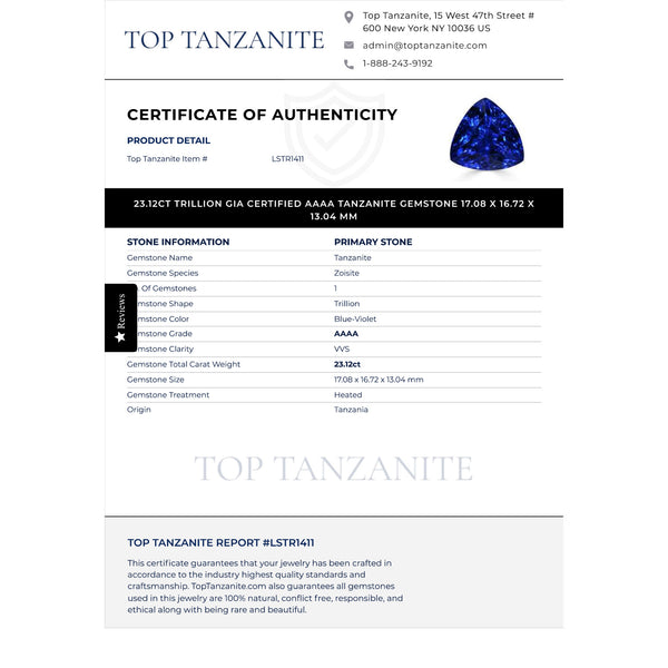 23.12ct Trillion GIA Certified AAAA Tanzanite Gemstone 17.08 x 16.72 x 13.04 mm