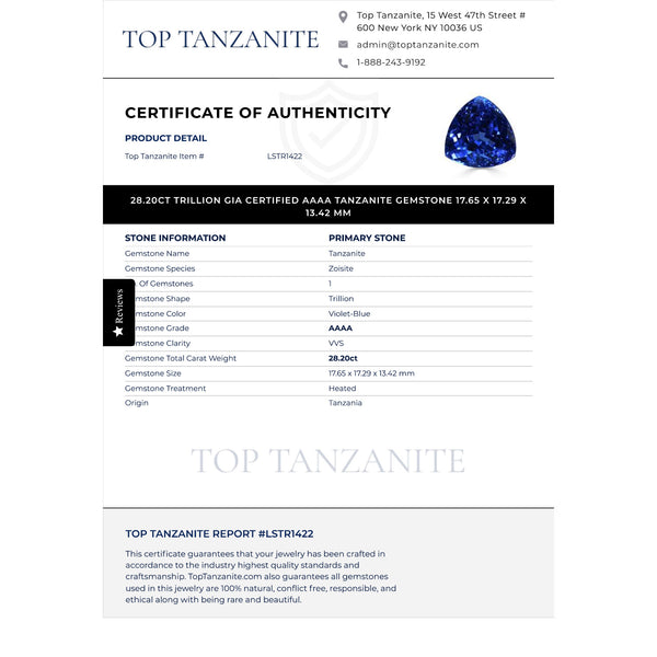 28.20ct Trillion GIA Certified AAAA Tanzanite Gemstone 17.65 x 17.29 x 13.42 mm