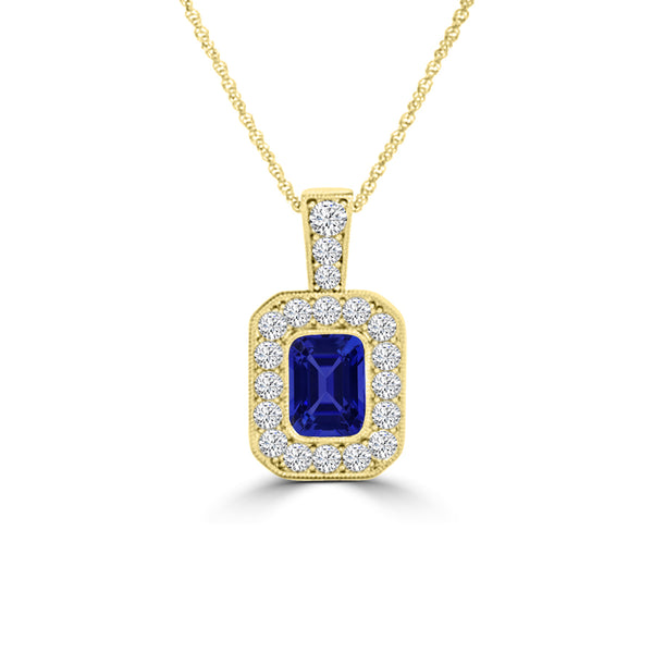 TMR121141 - Leah - Emerald Cut Tanzanite and Diamond Pendant Halo