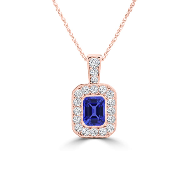 TMR121141 - Leah - Emerald Cut Tanzanite and Diamond Pendant Halo