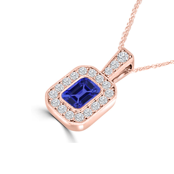 TMR121141 - Leah - Emerald Cut Tanzanite and Diamond Pendant Halo