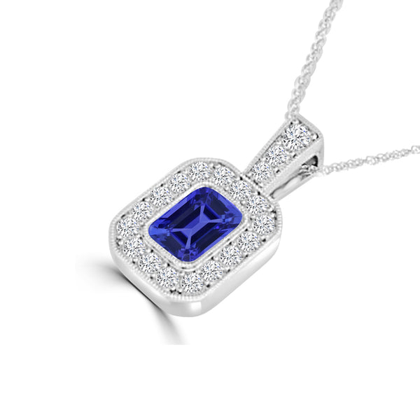 TMR121141 - Leah - Emerald Cut Tanzanite and Diamond Pendant Halo