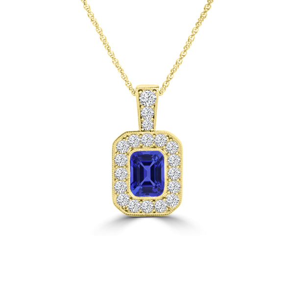 TMR121141 - Leah - Emerald Cut Tanzanite and Diamond Pendant Halo