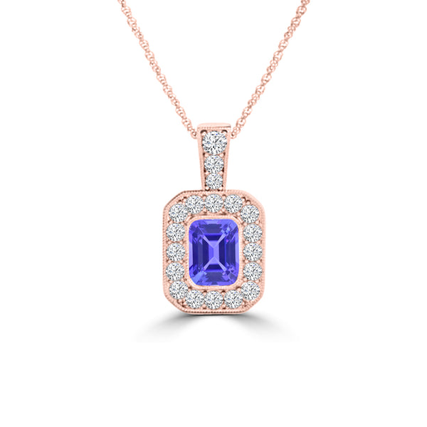 TMR121141 - Leah - Emerald Cut Tanzanite and Diamond Pendant Halo