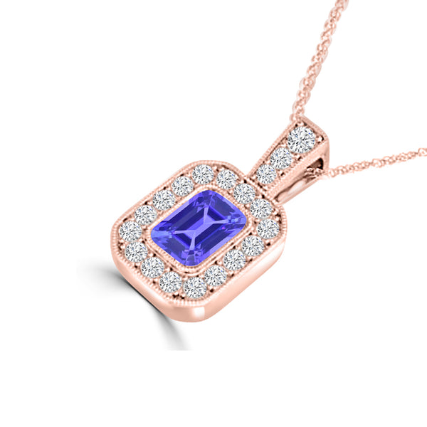 TMR121141 - Leah - Emerald Cut Tanzanite and Diamond Pendant Halo