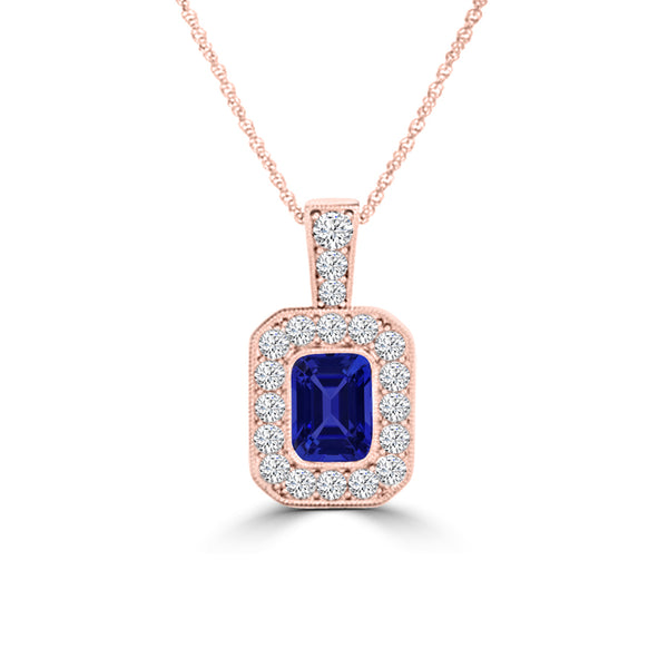 TMR121141 - Leah - Emerald Cut Tanzanite and Diamond Pendant Halo