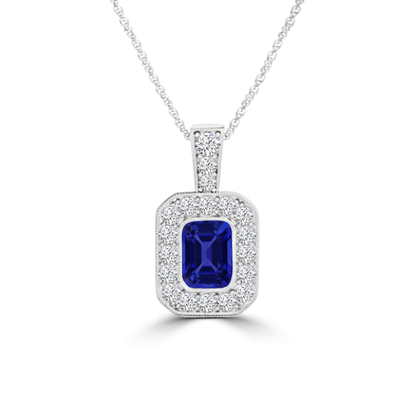 TMR121141 - Leah - Emerald Cut Tanzanite and Diamond Pendant Halo