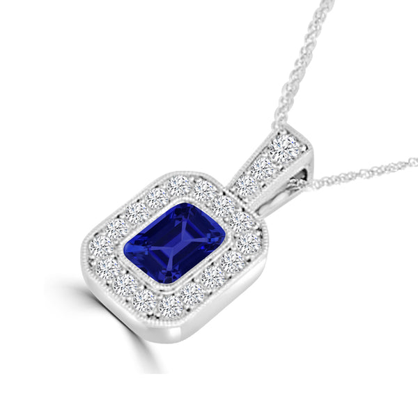 TMR121141 - Leah - Emerald Cut Tanzanite and Diamond Pendant Halo