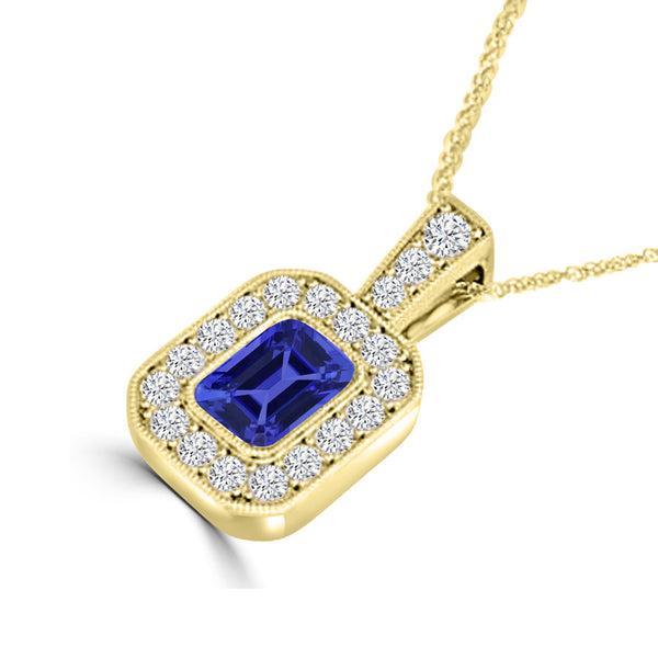 TMR121141 - Leah - Emerald Cut Tanzanite and Diamond Pendant Halo