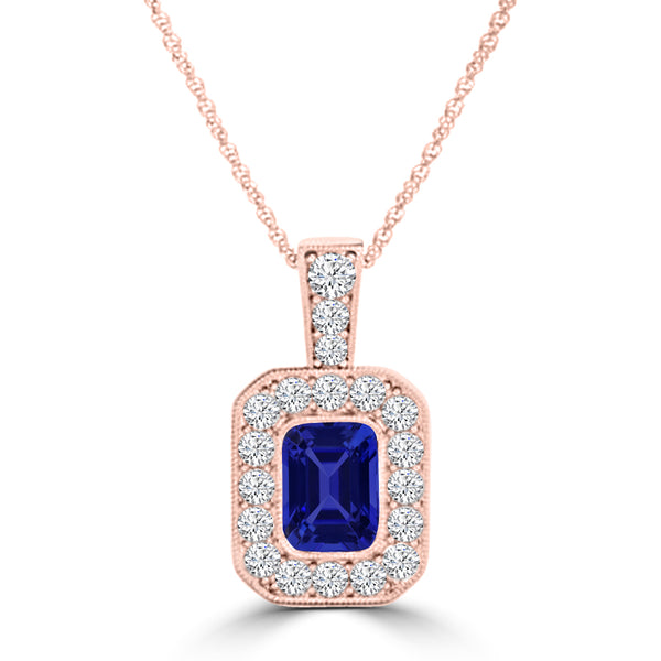 TMR121141 - Leah - Emerald Cut Tanzanite and Diamond Pendant Halo