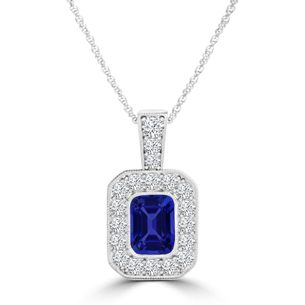 TMR121141 - Leah - Emerald Cut Tanzanite and Diamond Pendant Halo