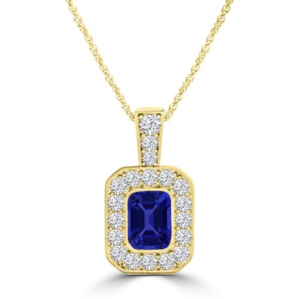 TMR121141 - Leah - Emerald Cut Tanzanite and Diamond Pendant Halo