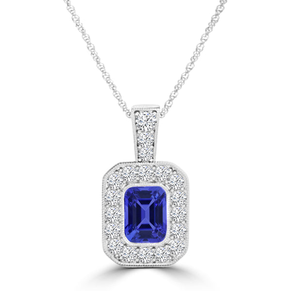 TMR121141 - Leah - Emerald Cut Tanzanite and Diamond Pendant Halo