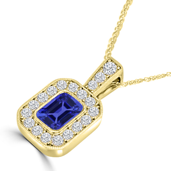 TMR121141 - Leah - Emerald Cut Tanzanite and Diamond Pendant Halo