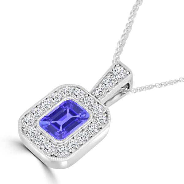 TMR121141 - Leah - Emerald Cut Tanzanite and Diamond Pendant Halo