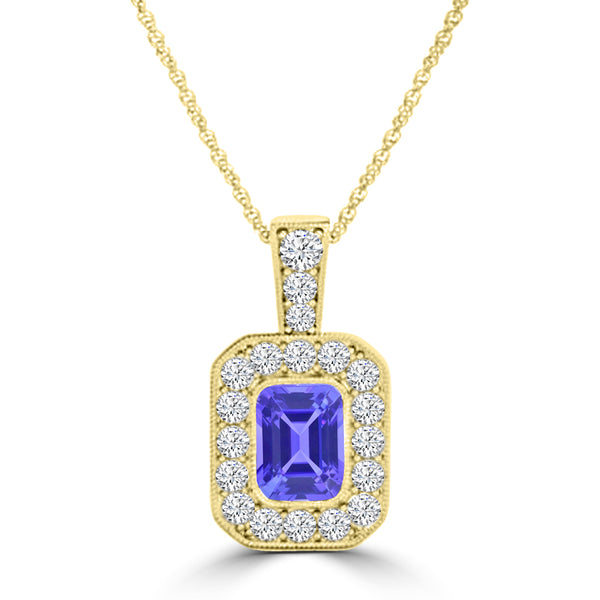 TMR121141 - Leah - Emerald Cut Tanzanite and Diamond Pendant Halo