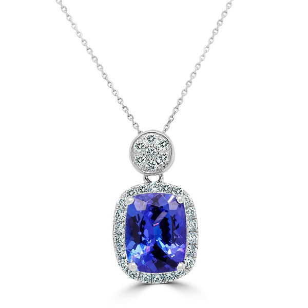 2.67 ct AAAA Cushion Tanzanite Pendant with 0.31 cttw Diamond in 14K White Gold