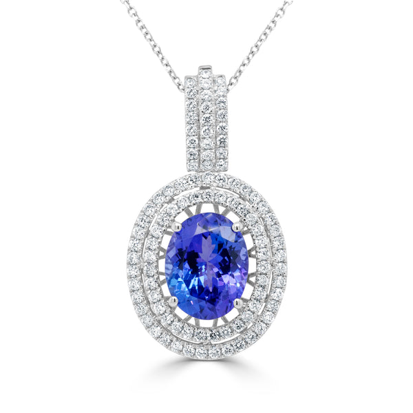 5.09 ct AAAA Oval Tanzanite Pendant with 0.87 cttw Diamond in 14K White Gold