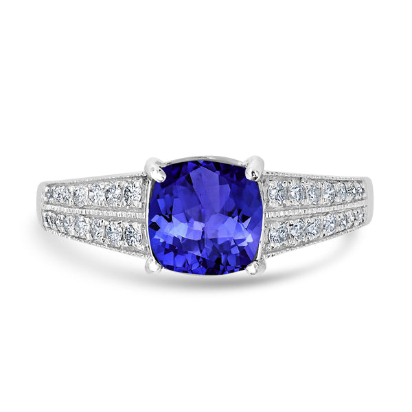 1.65ct Cushion Tanzanite Ring with 0.25 cttw Diamond